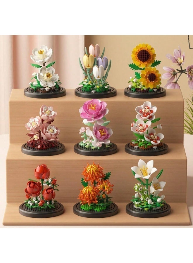 ترتيبات أزهار دائمة من قطع البناء - نماذج زهور مصغرة قابلة للتجميع، تشمل زهور الزنبق، الياسمين، التوليب، الورد، والموكبين، مثالية لديكور المنزل، أفكار هدايا إبداعية لعيد الميلاد، عيد الحب، عيد الفصح، والعطلات الأخرى، مع غطاء واقي وقاعدة. - Image 2